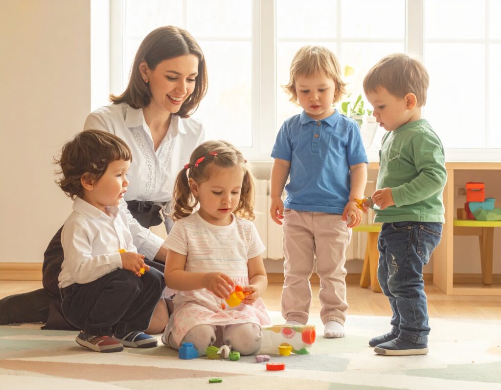 Insegnante gioca in inglese con bambini alla scuola infanzia